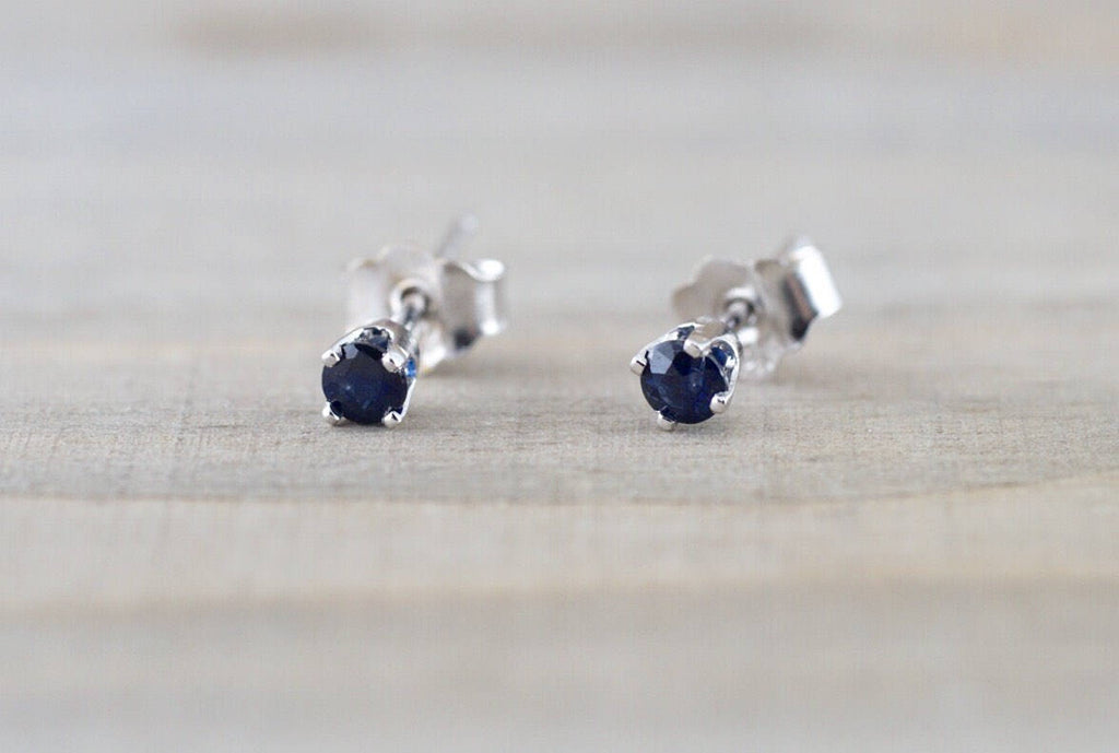 14k Solid White Gold with Blue Sapphire Gemstone Earring Studs Post Pu –  ASweetPear